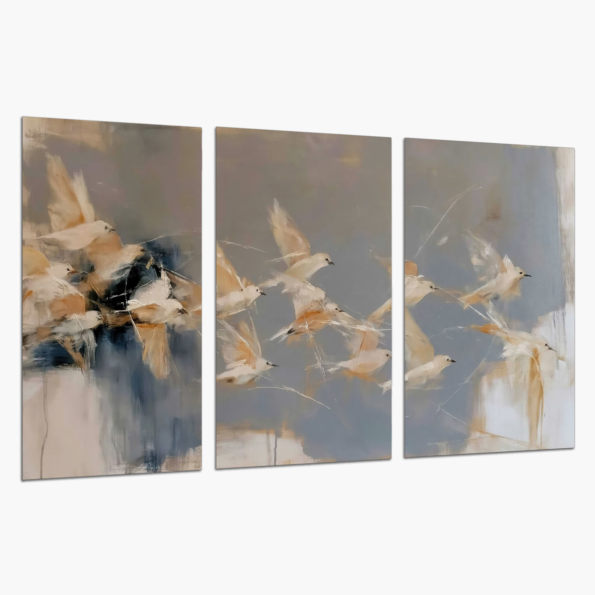 Pale bird-like forms sweeping across layered strokes of blue, ochre and cream set of 3 poster prints on a white background