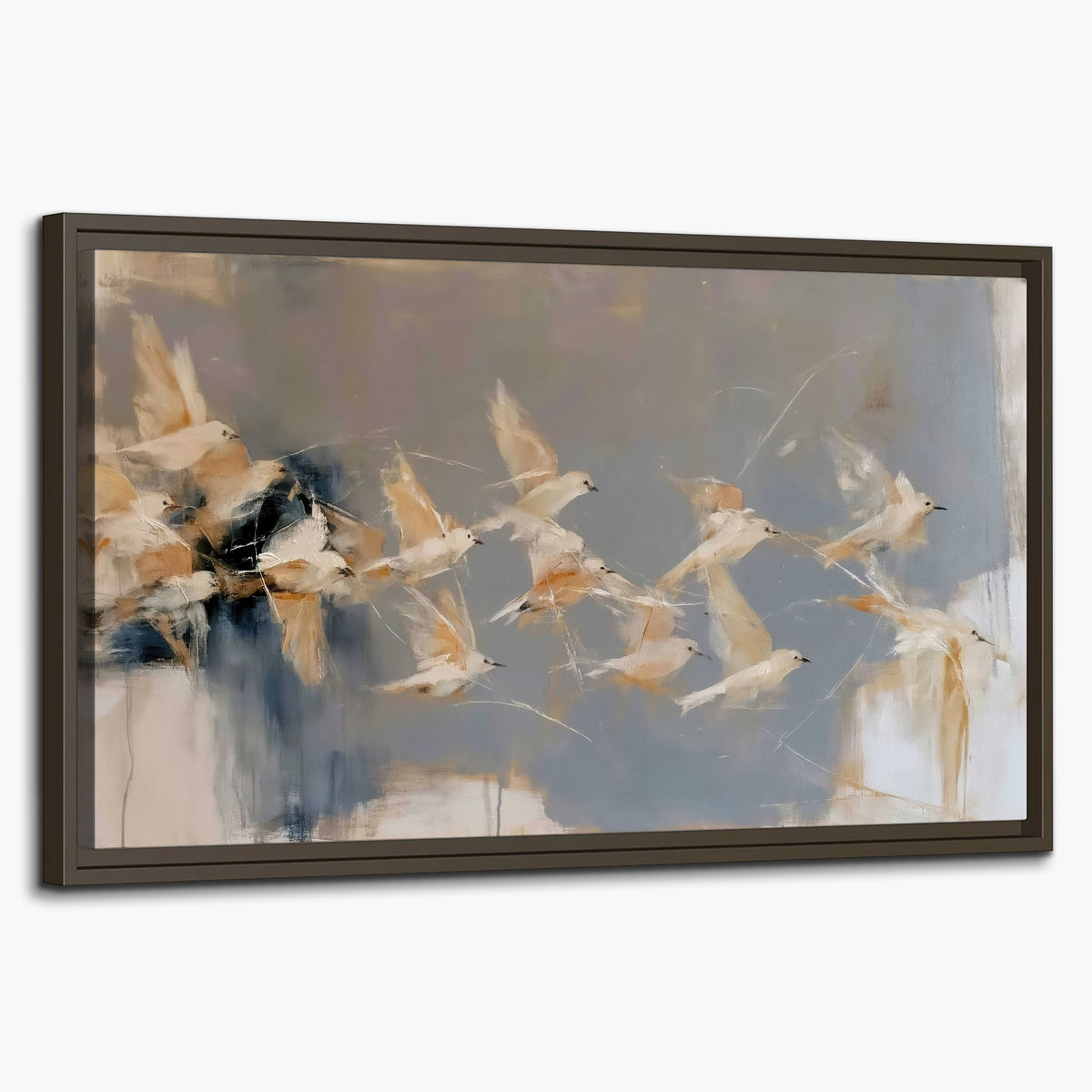 Pale bird-like forms sweeping across layered strokes of blue, ochre and cream single framed canvas wall art on a white background
