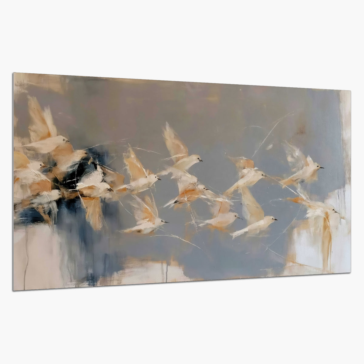 Pale bird-like forms sweeping across layered strokes of blue, ochre and cream single poster print on a white background