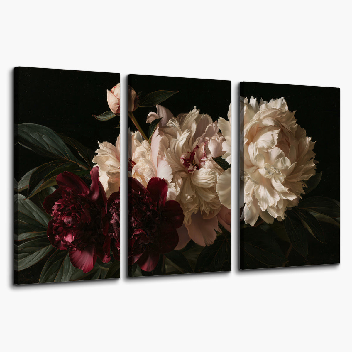 Full ivory and deep burgundy peonies against a dark green background 3 piece canvas wall art on a white background