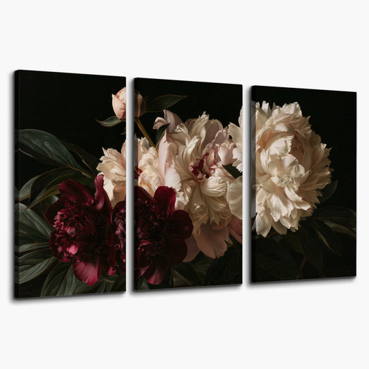 Full ivory and deep burgundy peonies against a dark green background 3 piece canvas wall art on a white background