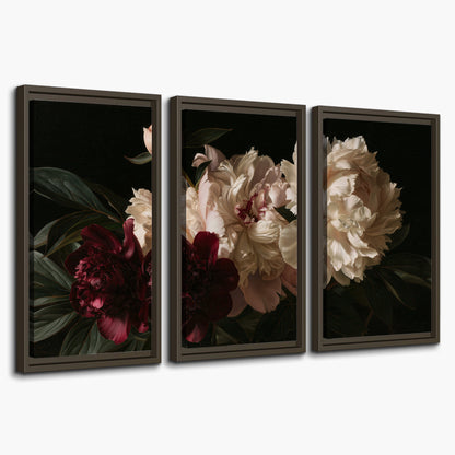 Full ivory and deep burgundy peonies against a dark green background 3 piece framed canvas wall art on a white background