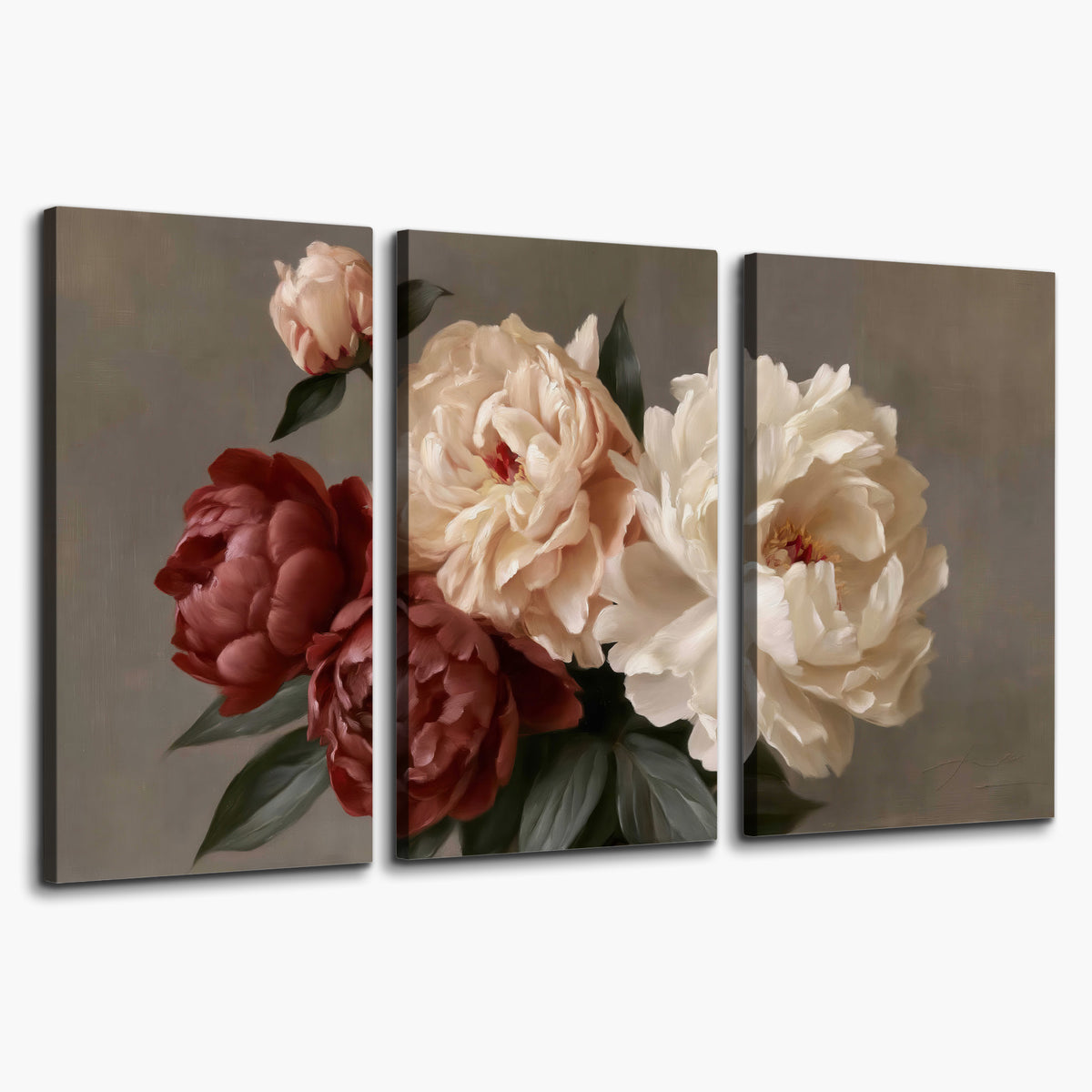 Large blush peonies and rust-colored flowers in a softly shaded arrangement 3 piece canvas wall art on a white background