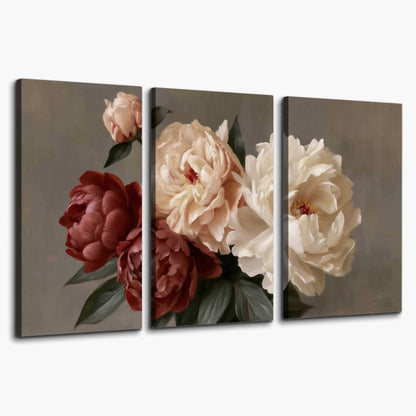 Large blush peonies and rust-colored flowers in a softly shaded arrangement 3 piece canvas wall art on a white background
