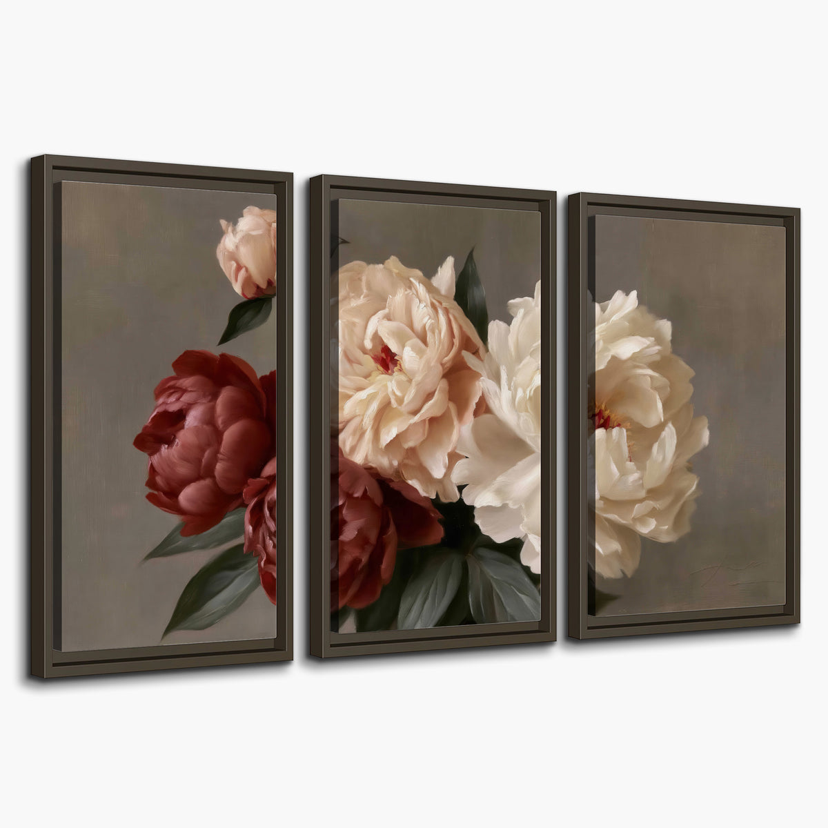 Large blush peonies and rust-colored flowers in a softly shaded arrangement 3 piece framed canvas wall art on a white background