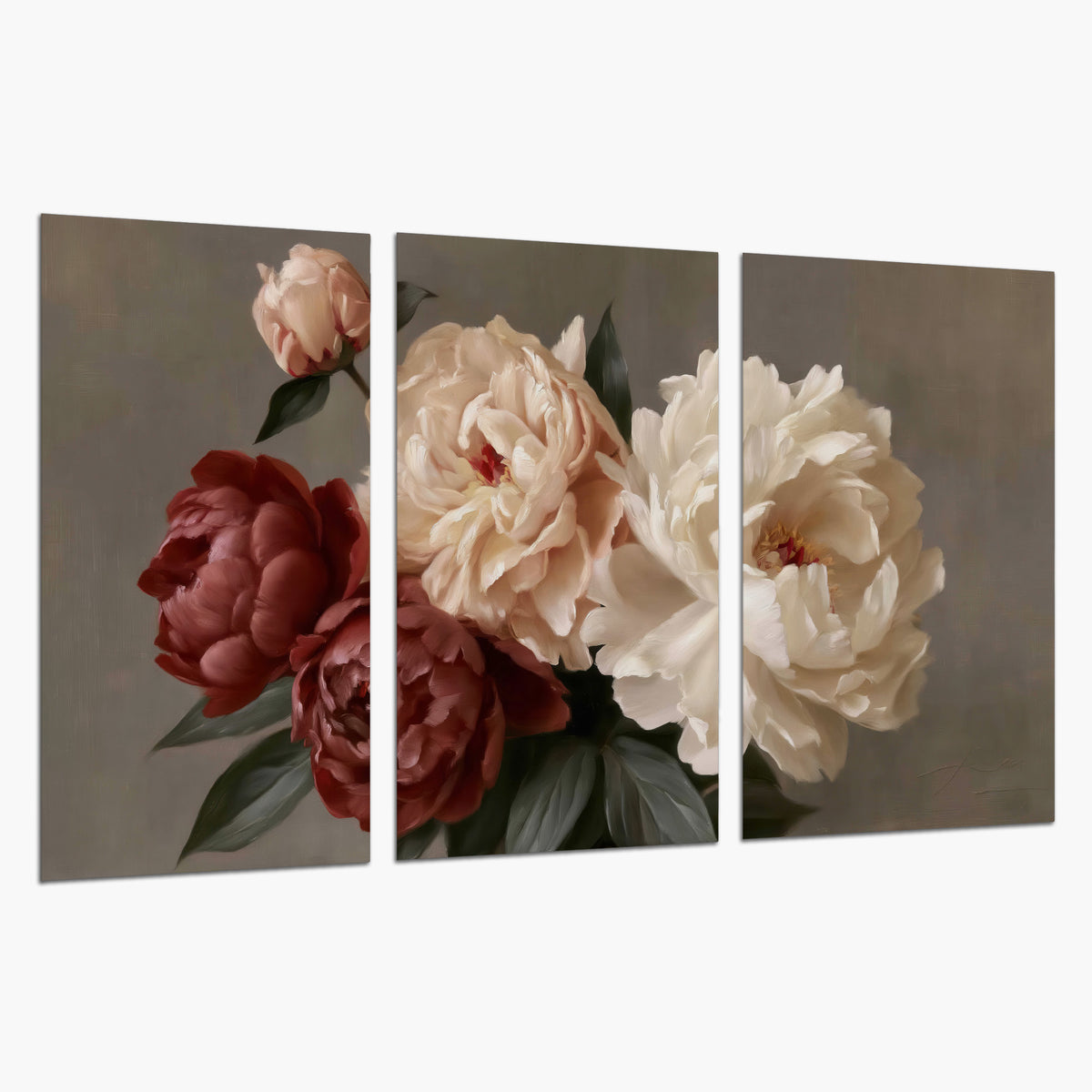 Large blush peonies and rust-colored flowers in a softly shaded arrangement set of 3 poster prints on a white background