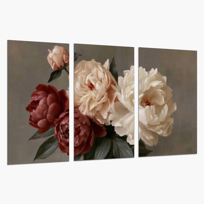 Large blush peonies and rust-colored flowers in a softly shaded arrangement set of 3 poster prints on a white background