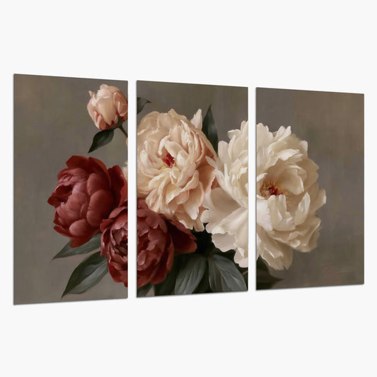 Large blush peonies and rust-colored flowers in a softly shaded arrangement set of 3 poster prints on a white background
