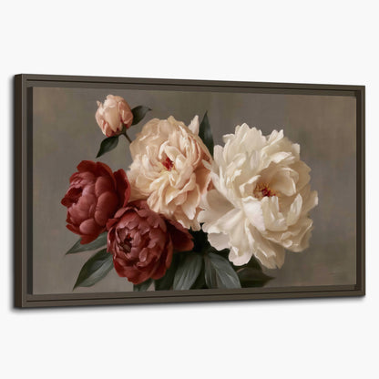 Large blush peonies and rust-colored flowers in a softly shaded arrangement single framed canvas wall art on a white background