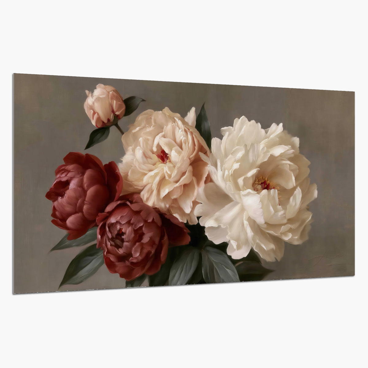 Large blush peonies and rust-colored flowers in a softly shaded arrangement single poster print on a white background