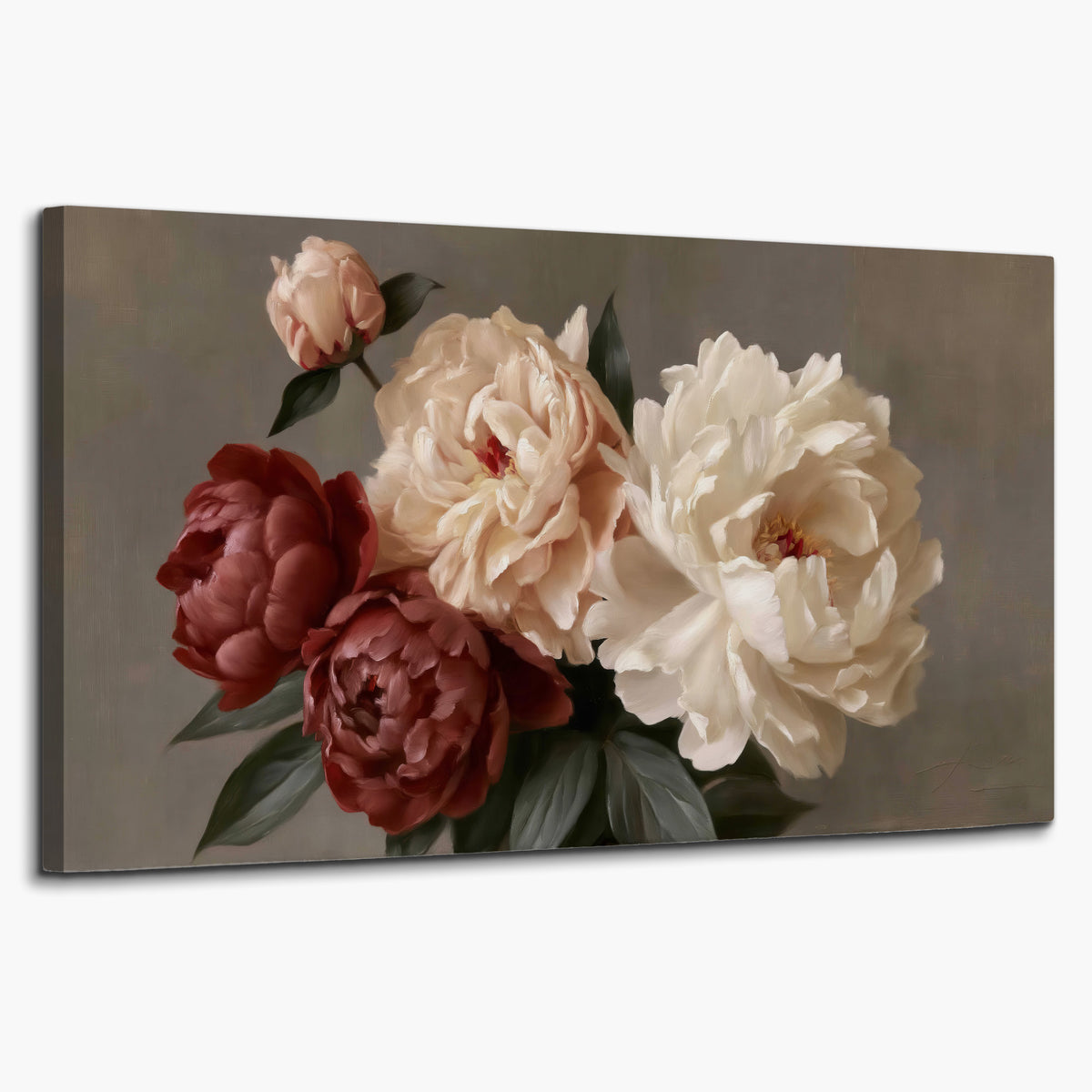 Large blush peonies and rust-colored flowers in a softly shaded arrangement single canvas wall art on a white background