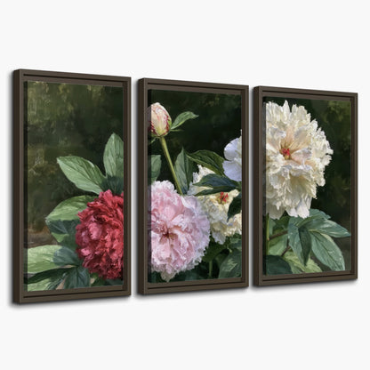 Cream, blush and red peonies surrounded by fresh green leaves 3 piece framed canvas wall art on a white background