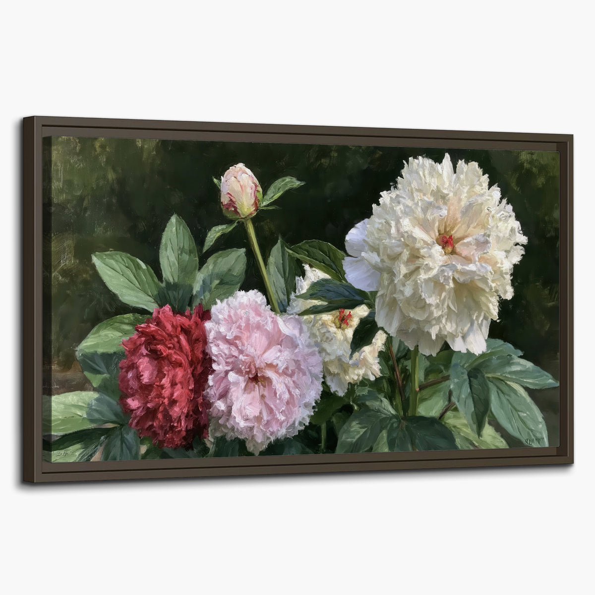 Cream, blush and red peonies surrounded by fresh green leaves single framed canvas wall art on a white background