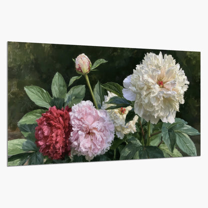 Cream, blush and red peonies surrounded by fresh green leaves single poster print on a white background