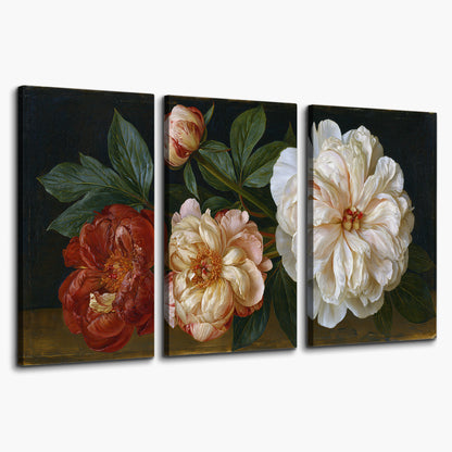 A large pale peony beside small ruby-red and peach flowers on a deep green ground 3 piece canvas wall art on a white background