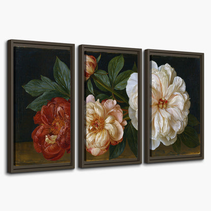 A large pale peony beside small ruby-red and peach flowers on a deep green ground 3 piece framed canvas wall art on a white background