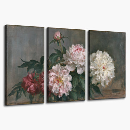 Cream and dusty pink peonies arranged against a muted gray-green background 3 piece canvas wall art on a white background