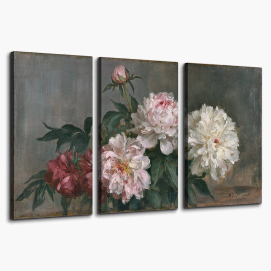 Cream and dusty pink peonies arranged against a muted gray-green background 3 piece canvas wall art on a white background