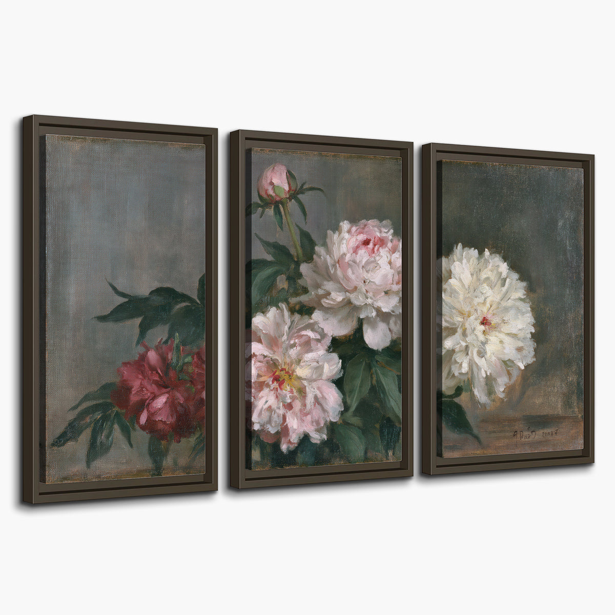 Cream and dusty pink peonies arranged against a muted gray-green background 3 piece framed canvas wall art on a white background