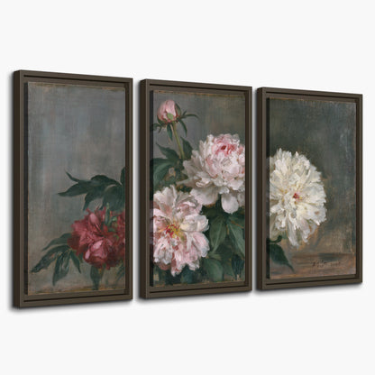Cream and dusty pink peonies arranged against a muted gray-green background 3 piece framed canvas wall art on a white background