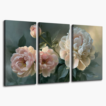 A large cream peony beside blush flowers and broad green leaves 3 piece canvas wall art on a white background