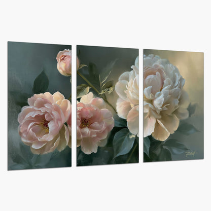 A large cream peony beside blush flowers and broad green leaves set of 3 poster prints on a white background