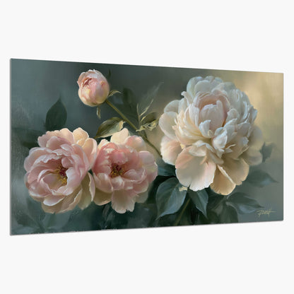 A large cream peony beside blush flowers and broad green leaves single poster print on a white background
