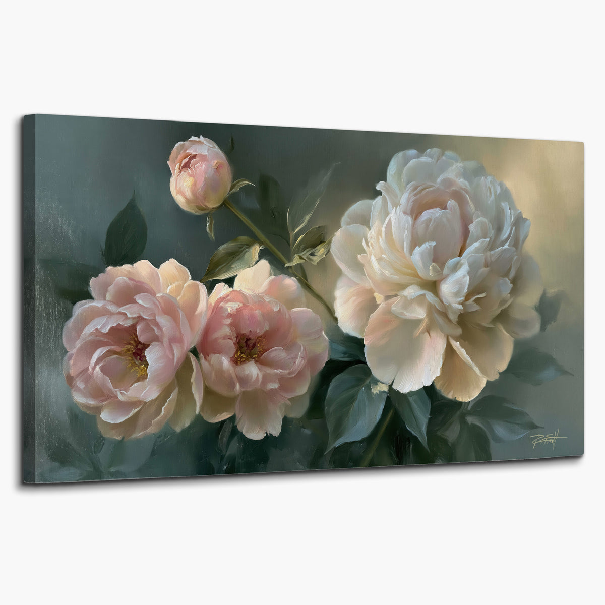 A large cream peony beside blush flowers and broad green leaves single canvas wall art on a white background