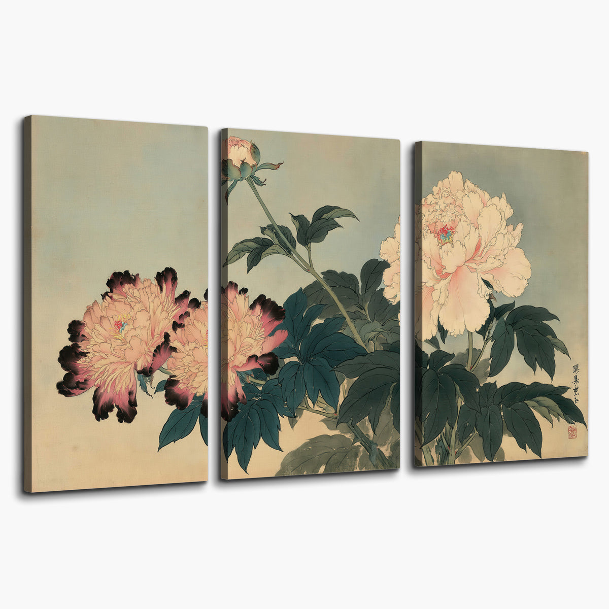 Pink and cream peonies with dark green leaves on a warm beige ground 3 piece canvas wall art on a white background