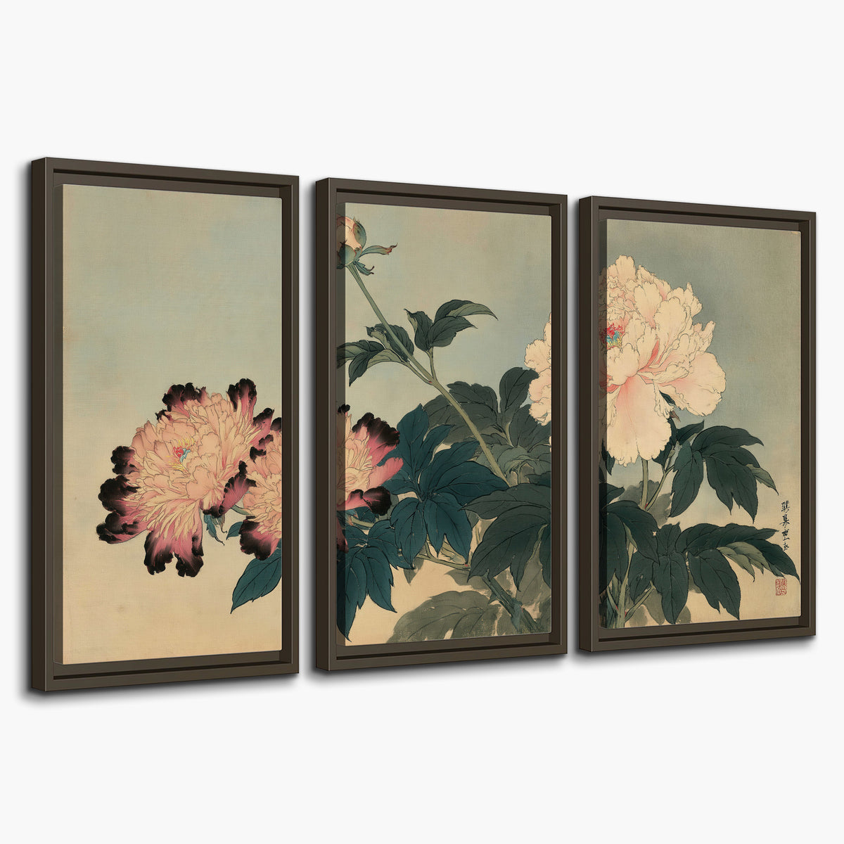 Pink and cream peonies with dark green leaves on a warm beige ground 3 piece framed canvas wall art on a white background
