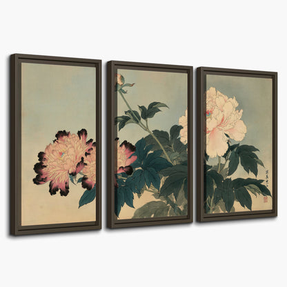 Pink and cream peonies with dark green leaves on a warm beige ground 3 piece framed canvas wall art on a white background