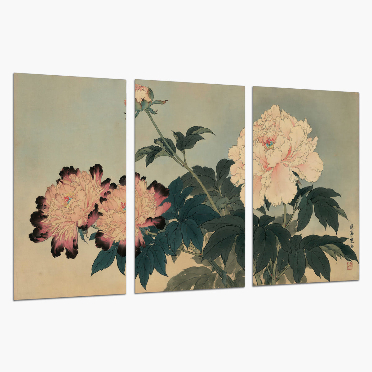 Pink and cream peonies with dark green leaves on a warm beige ground set of 3 poster prints on a white background