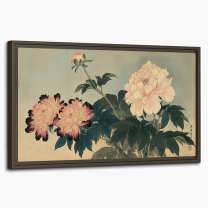 Pink and cream peonies with dark green leaves on a warm beige ground single framed canvas wall art on a white background