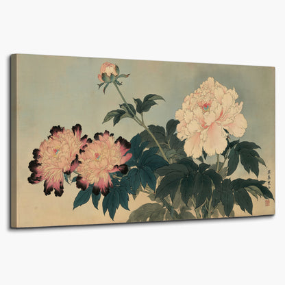 Pink and cream peonies with dark green leaves on a warm beige ground single canvas wall art on a white background