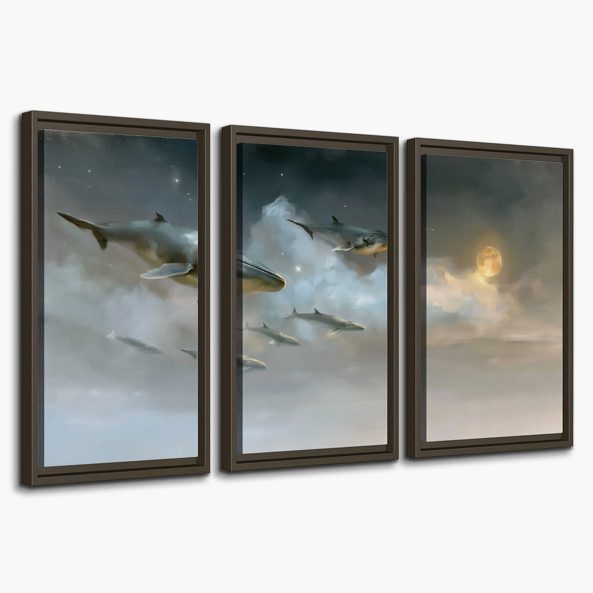 Whales drifting through pale dreamlike clouds toward a golden moon 3 piece framed canvas wall art on a white background