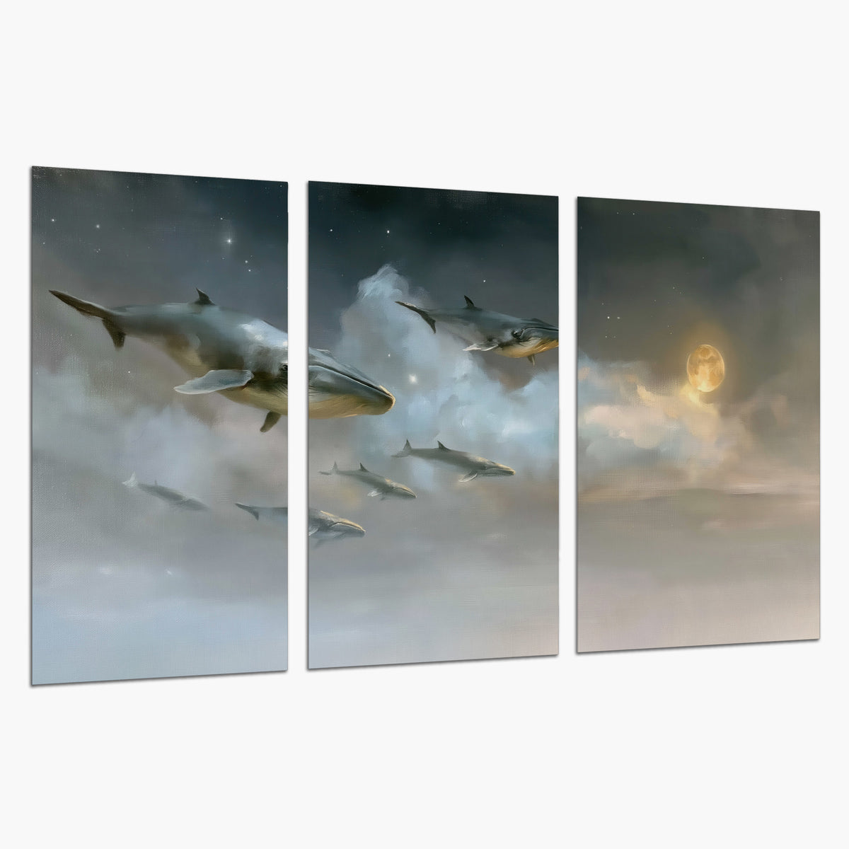 Whales drifting through pale dreamlike clouds toward a golden moon set of 3 poster prints on a white background