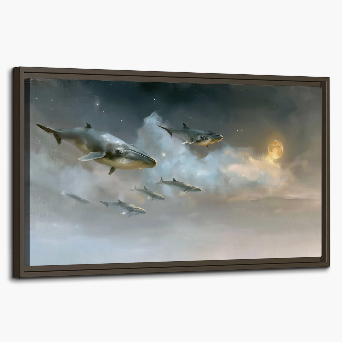 Whales drifting through pale dreamlike clouds toward a golden moon single framed canvas wall art on a white background