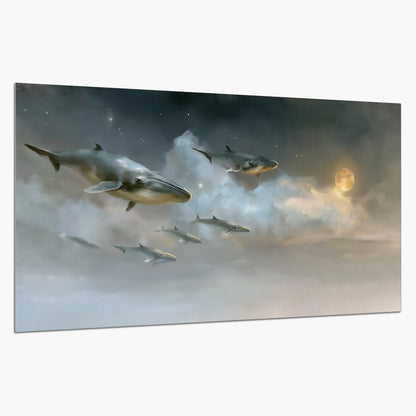 Whales drifting through pale dreamlike clouds toward a golden moon single poster print on a white background
