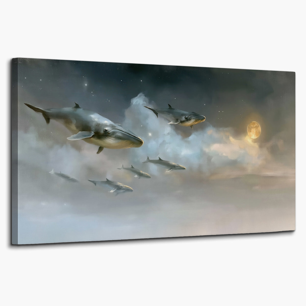 Whales drifting through pale dreamlike clouds toward a golden moon single canvas wall art on a white background