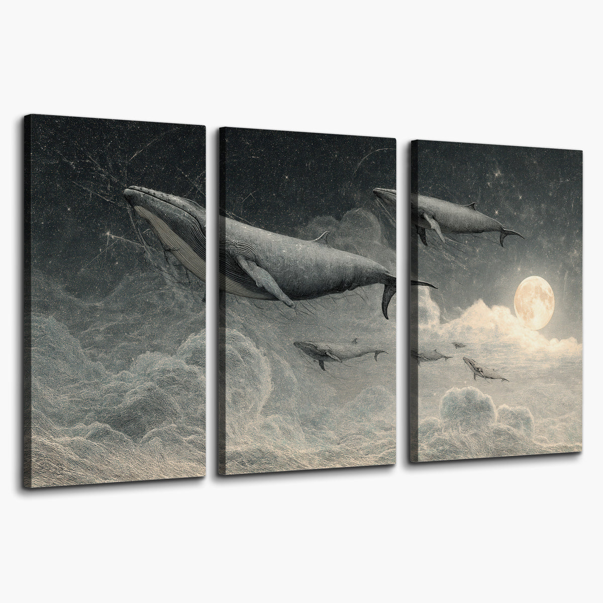 Monochrome whales floating over misty clouds beside a luminous painted moon 3 piece canvas wall art on a white background