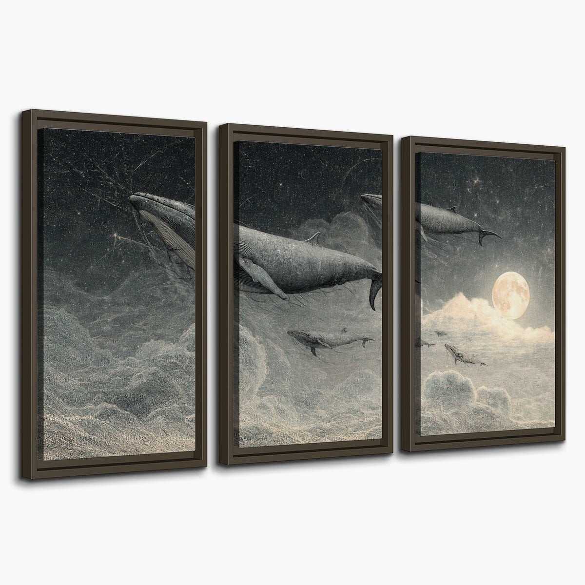 Monochrome whales floating over misty clouds beside a luminous painted moon 3 piece framed canvas wall art on a white background