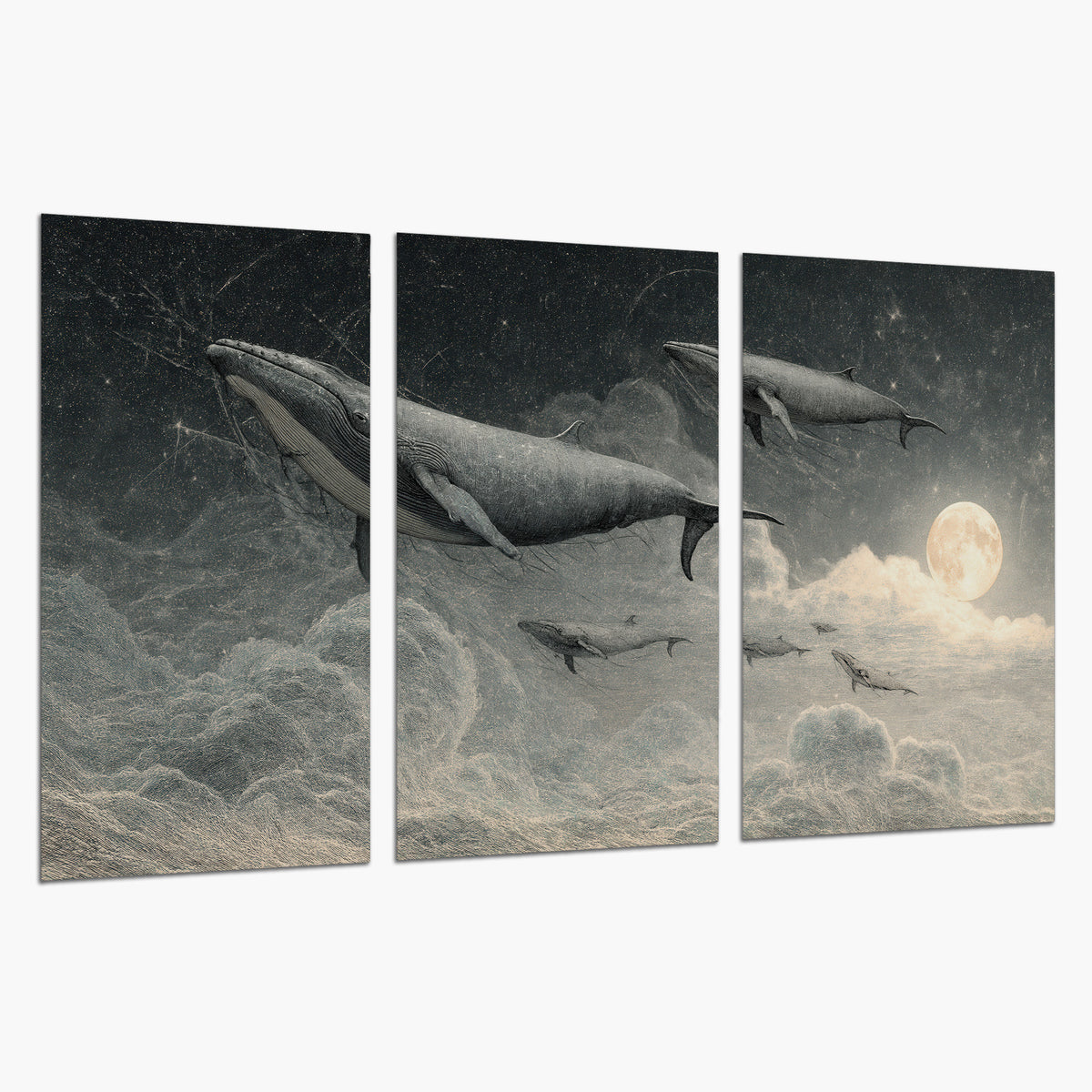 Monochrome whales floating over misty clouds beside a luminous painted moon set of 3 poster prints on a white background