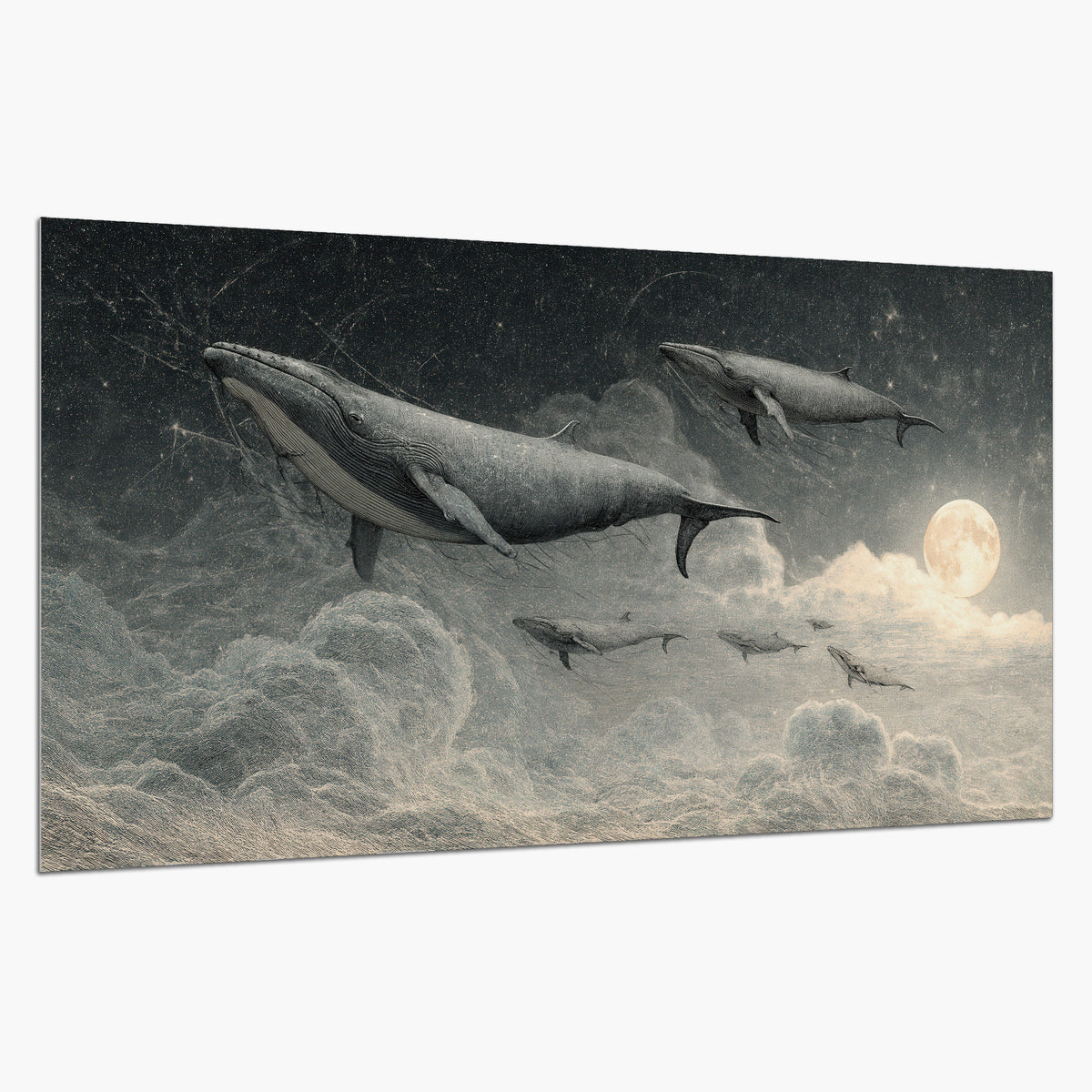 Monochrome whales floating over misty clouds beside a luminous painted moon single poster print on a white background