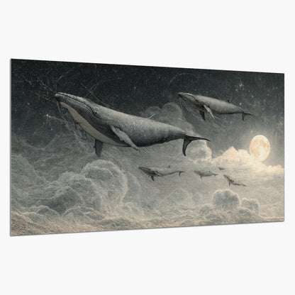 Monochrome whales floating over misty clouds beside a luminous painted moon single poster print on a white background