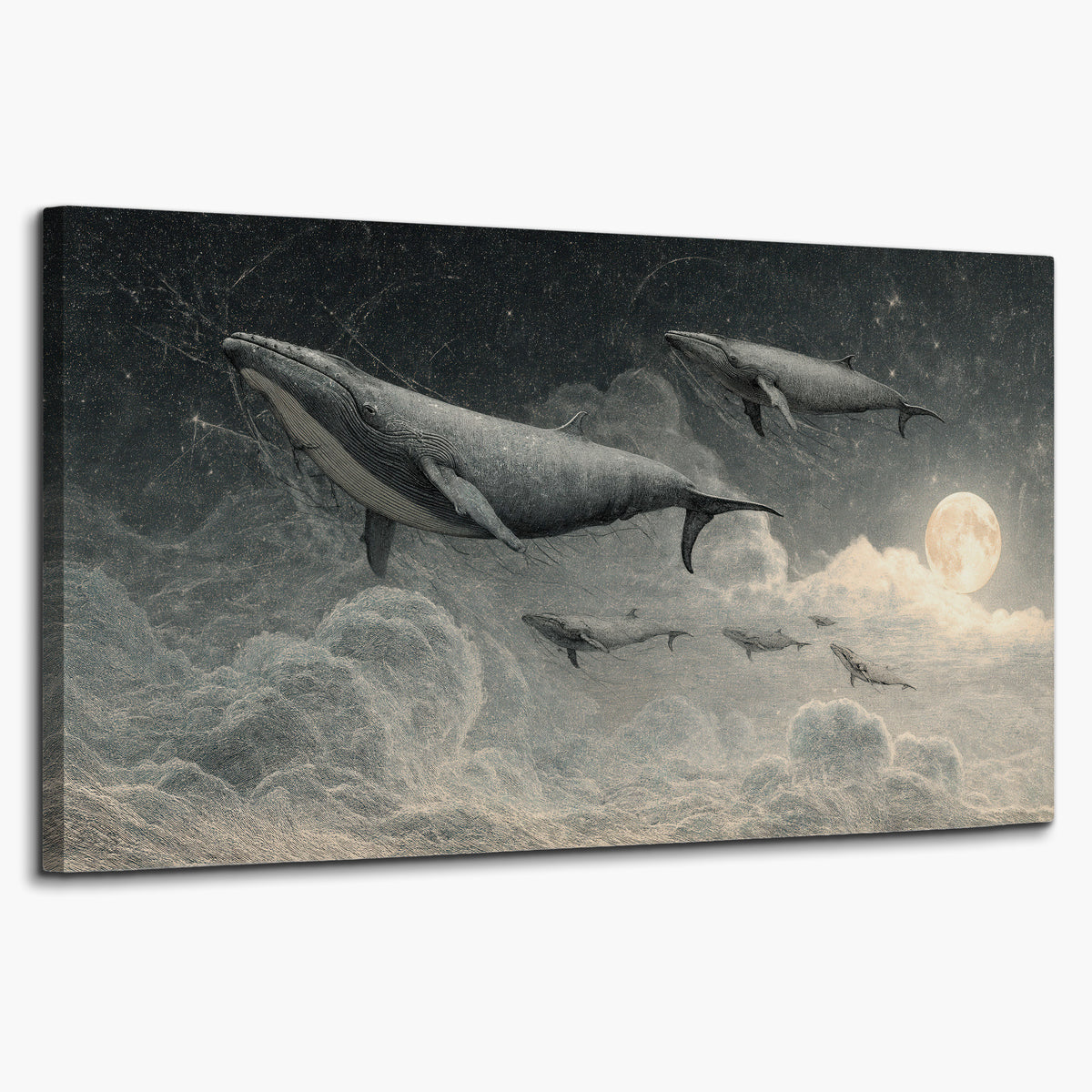 Monochrome whales floating over misty clouds beside a luminous painted moon single canvas wall art on a white background