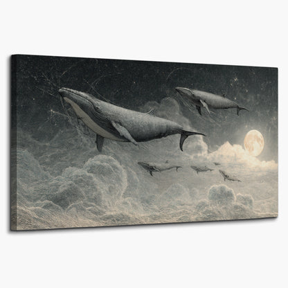 Monochrome whales floating over misty clouds beside a luminous painted moon single canvas wall art on a white background