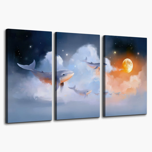 Blue whales gliding through pastel clouds beneath stars and a warm orange moon 3 piece canvas wall art on a white background