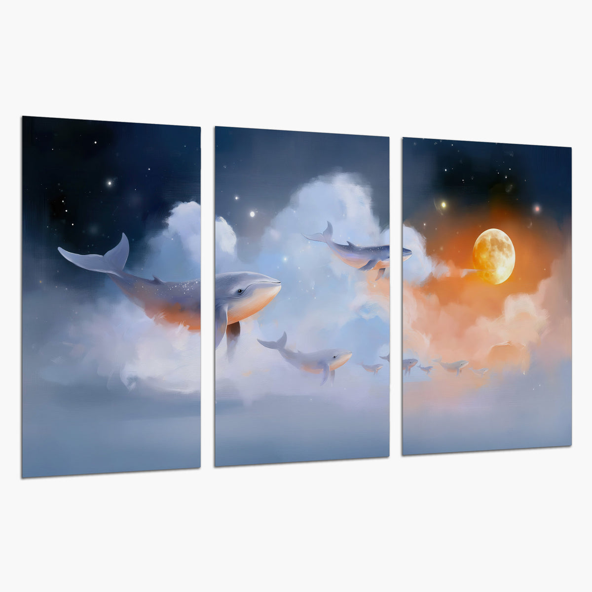 Blue whales gliding through pastel clouds beneath stars and a warm orange moon set of 3 poster prints on a white background
