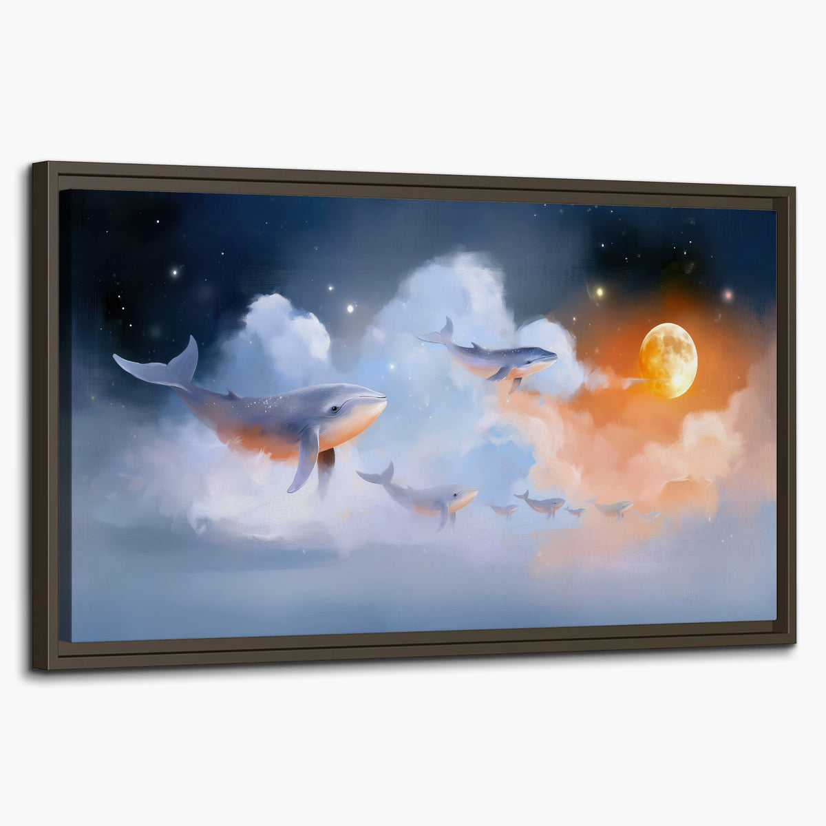 Blue whales gliding through pastel clouds beneath stars and a warm orange moon single framed canvas wall art on a white background