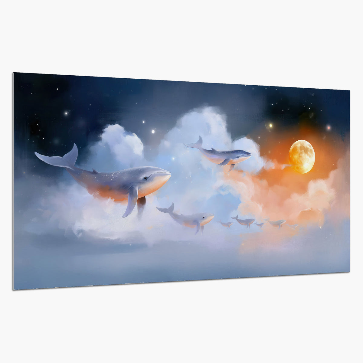 Blue whales gliding through pastel clouds beneath stars and a warm orange moon single poster print on a white background